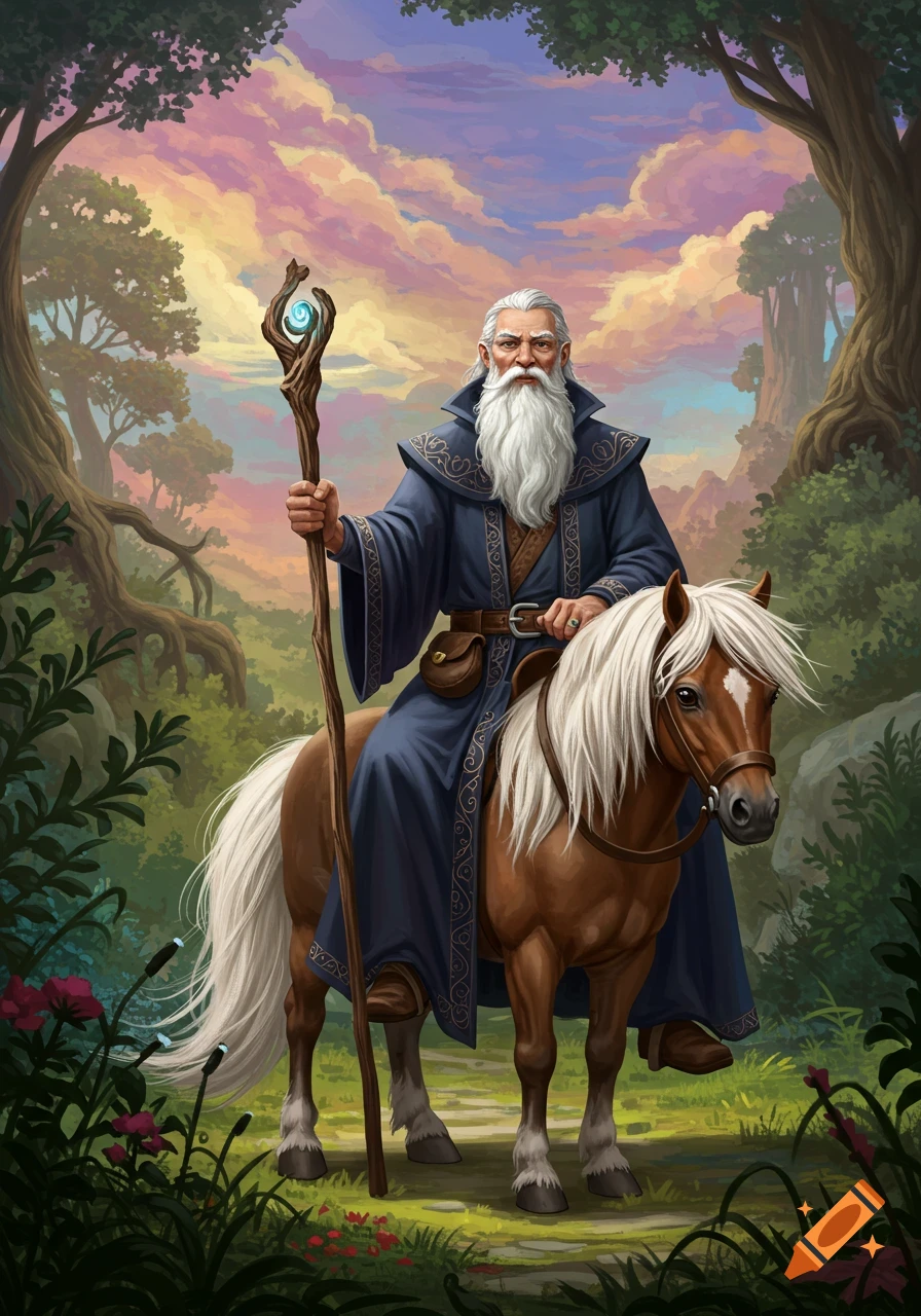 Illustration of a wizard with a long white beard riding a pony through a lush fantasy landscape at sunset.