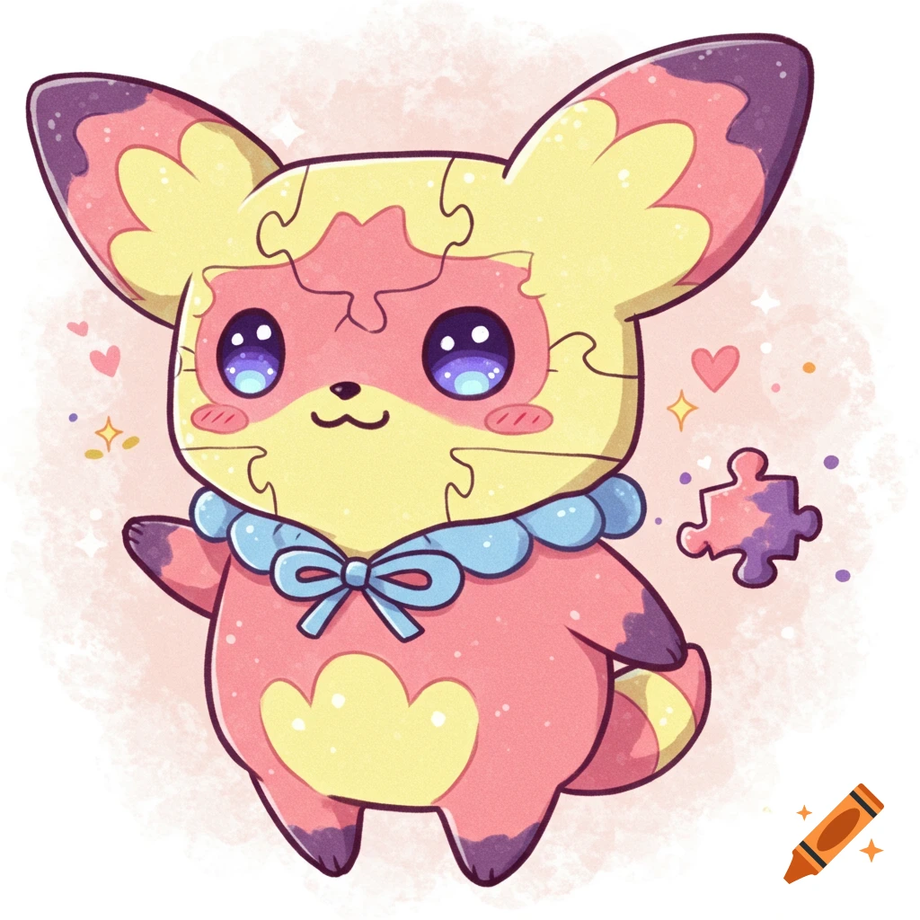 Cute pink and yellow puzzle character with large sparkly eyes and blue ribbon, waving, with a floating puzzle piece, in watercolor style.