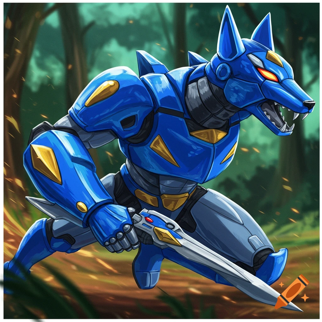Blue jackal robot holding a sword in a forest.