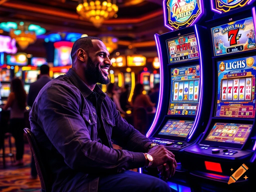 LeBron James sits smiling at a slot machine in a brightly lit casino.