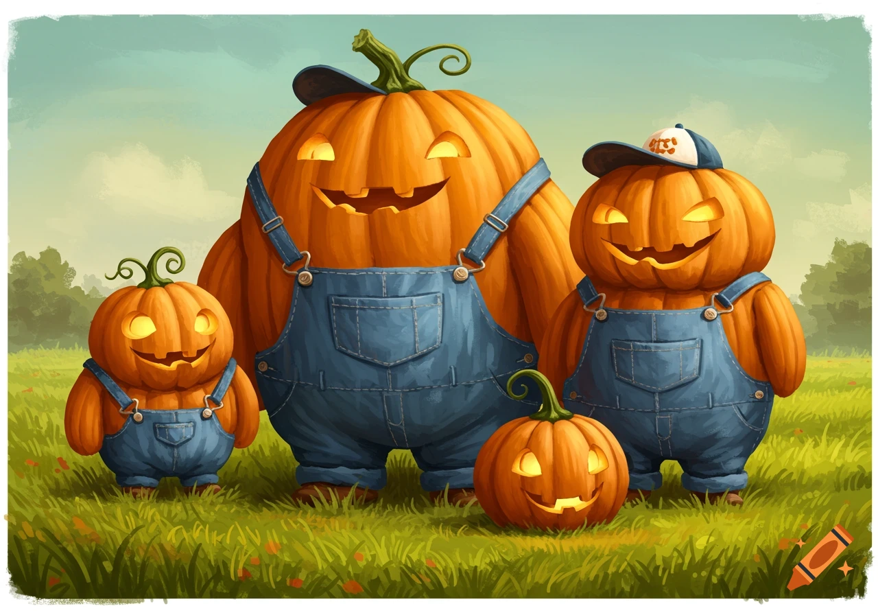 Cartoon illustration of four pumpkins wearing overalls and baseball hats in a field. One small pumpkin sits nearby.