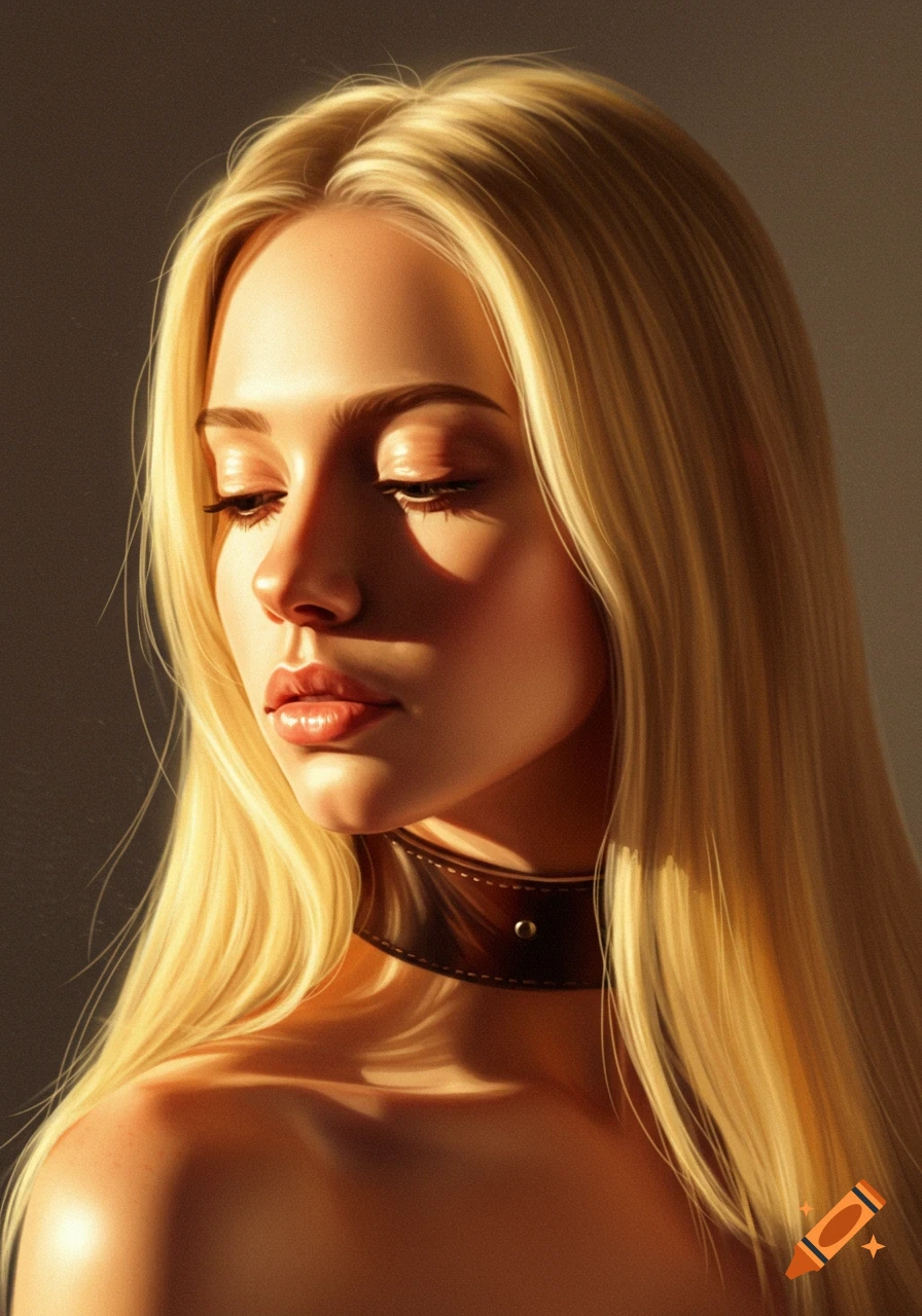 Realistic portrait of a serene blonde woman wearing a leather collar, looking down in soft light.