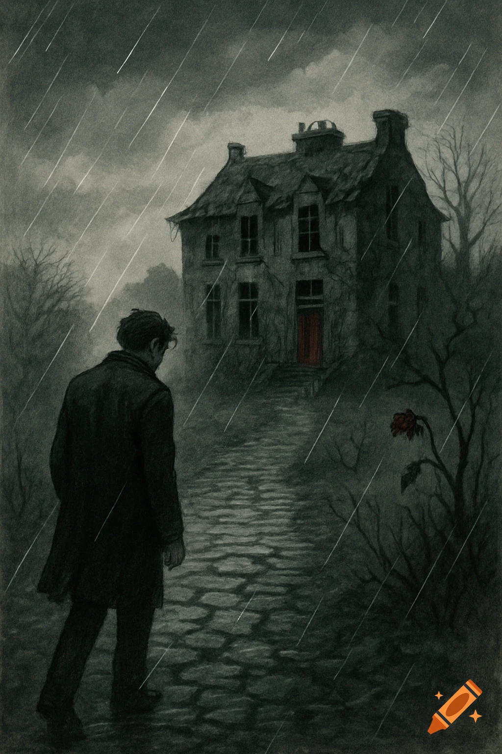 Illustration of a man in a coat walking on a wet path toward a dark, old house in the rain.