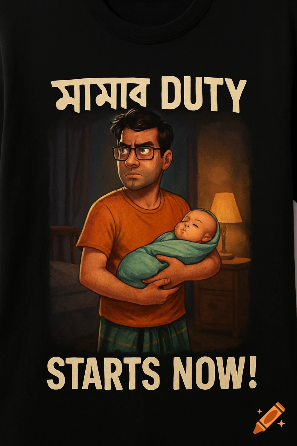 An illustration of a man holding a baby on a black t-shirt with text.