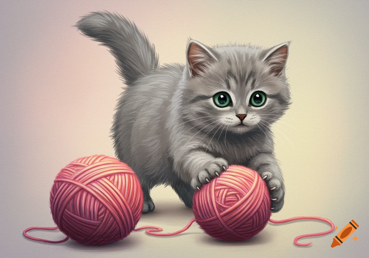 A cute grey kitten with green eyes plays with two pink balls of yarn in a digital painting style.