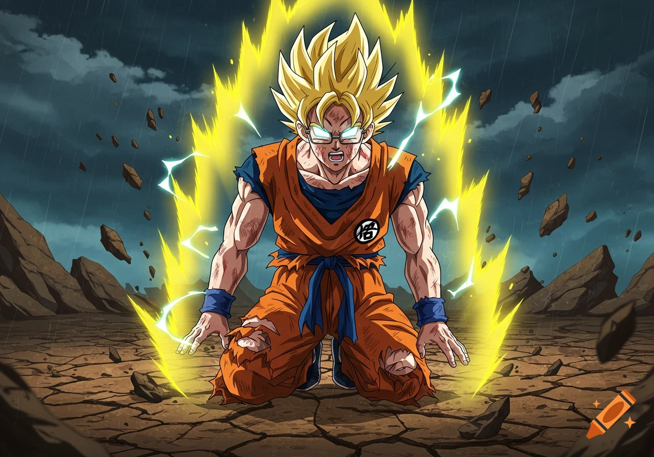 Anime character kneeling, powering up in cracked ground under stormy sky with floating rocks.