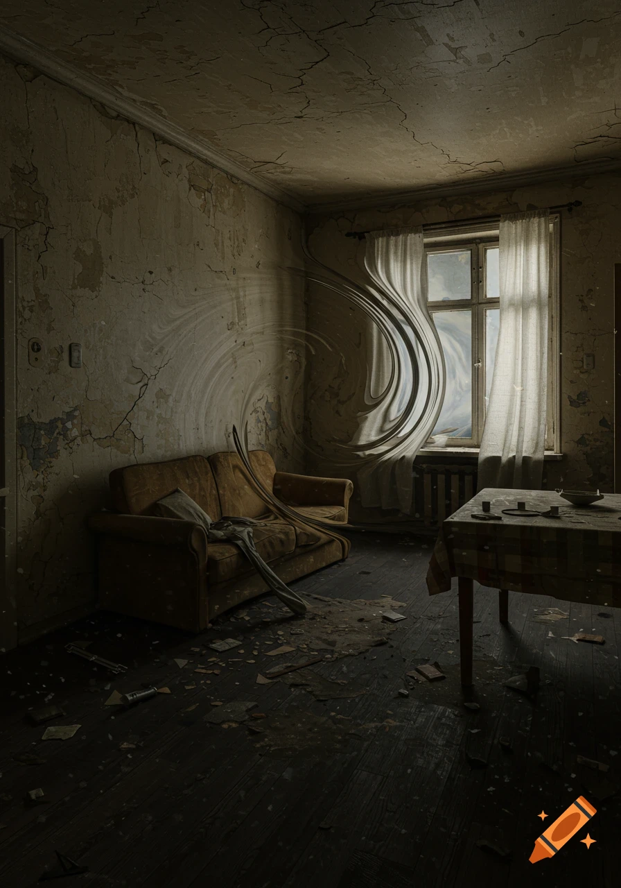A gloomy, abandoned room with peeling paint, broken furniture, and a surreal warped distortion near the window.