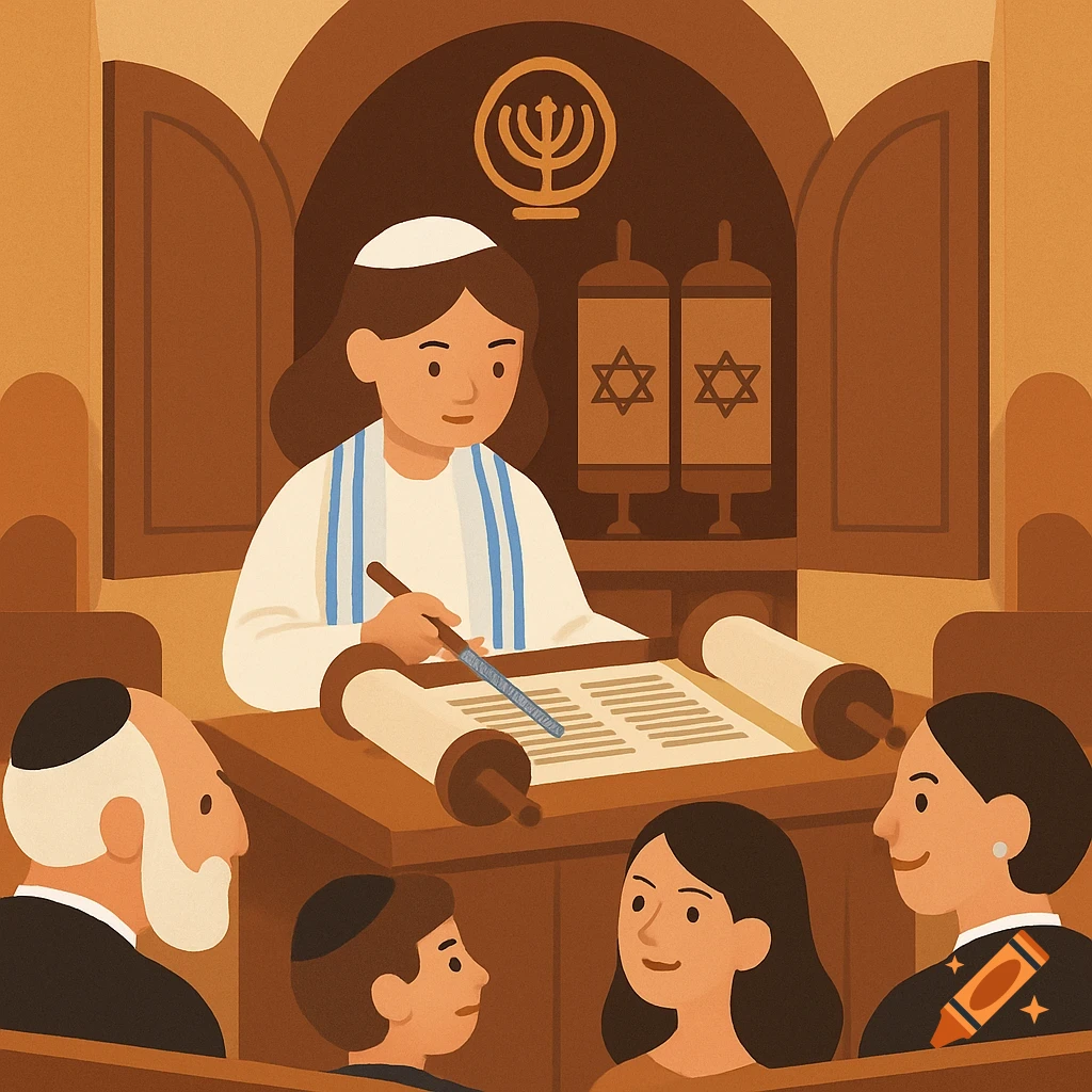 Illustration of a person reading from a Torah scroll on a bimah, with family watching in a synagogue.