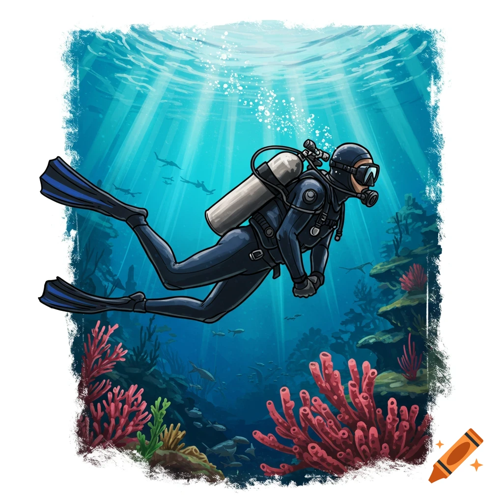 Illustration of a scuba diver swimming underwater with fish and coral.