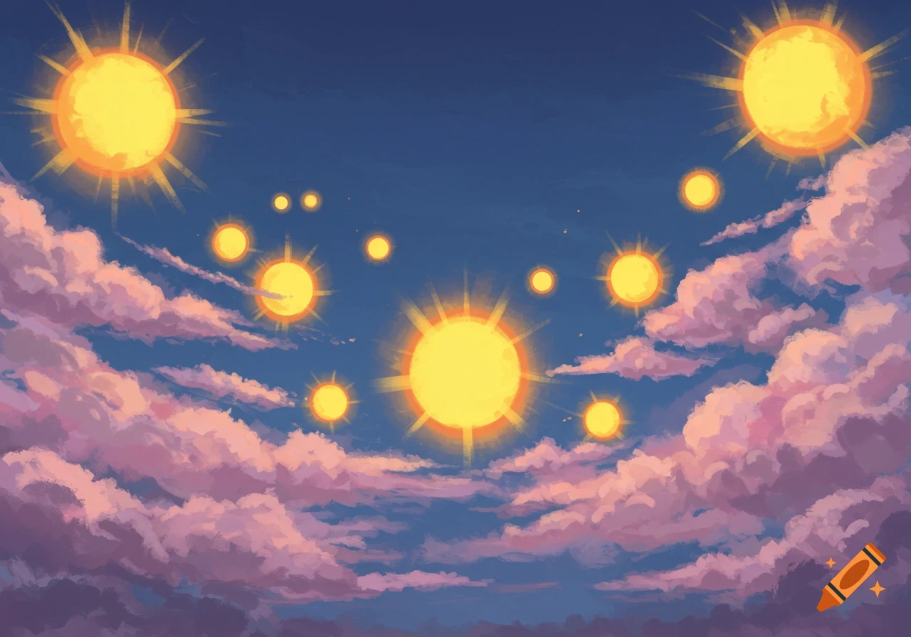 Multiple stylized yellow suns in a blue sky with pink clouds.
