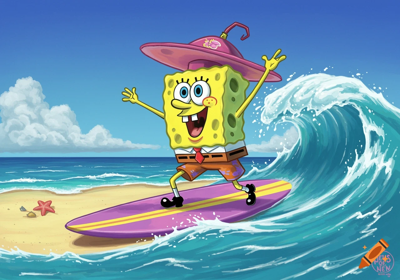 Spongebob Squarepants surfs a wave on a beach in a cartoon style.