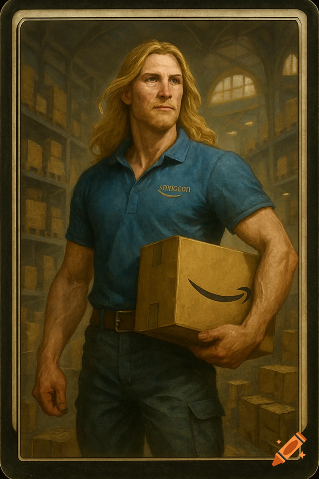 Portrait of a man with long blonde hair in a blue polo shirt holding a delivery box in a warehouse.