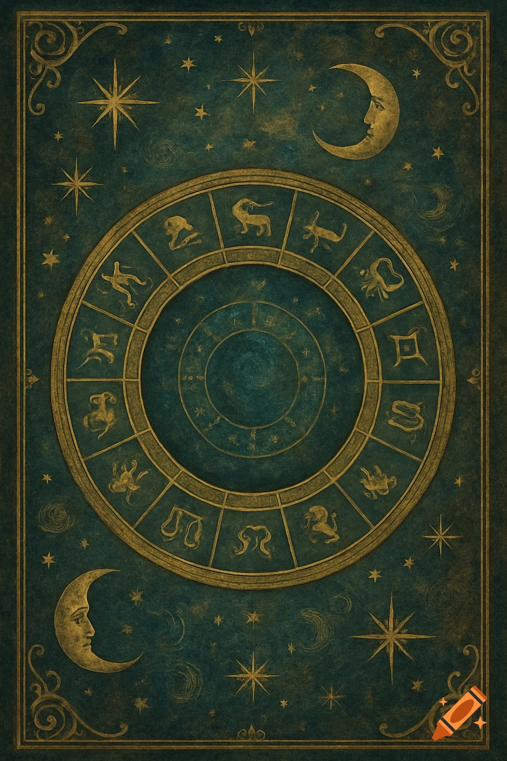 Golden zodiac wheel with astrological symbols, stars, and moons on a dark teal background with an antique border.