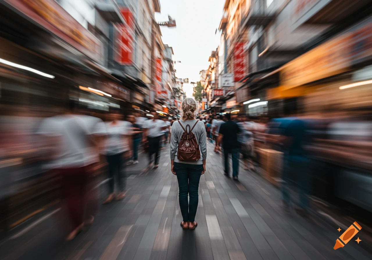 Woman with backpack stands still in busy city street with motion blur