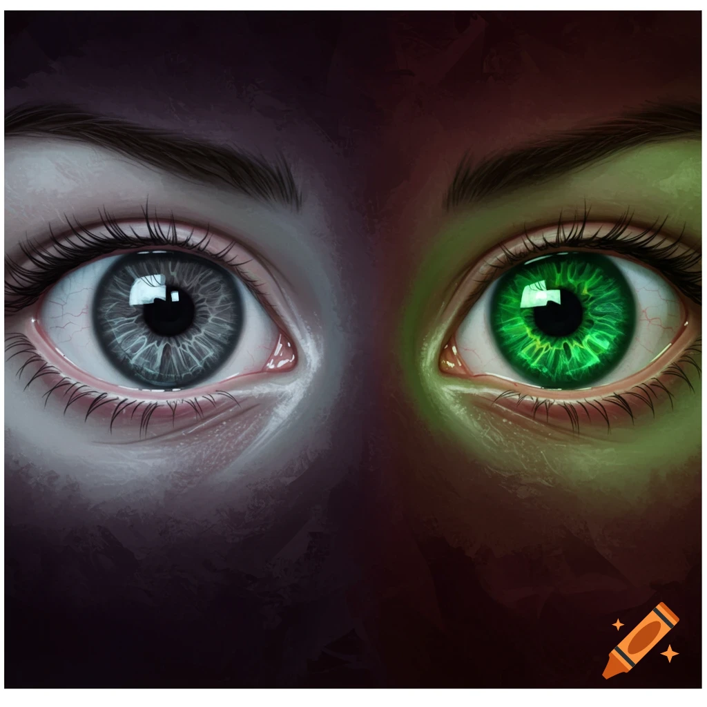 Close-up of a person's two eyes, one gray and one green
