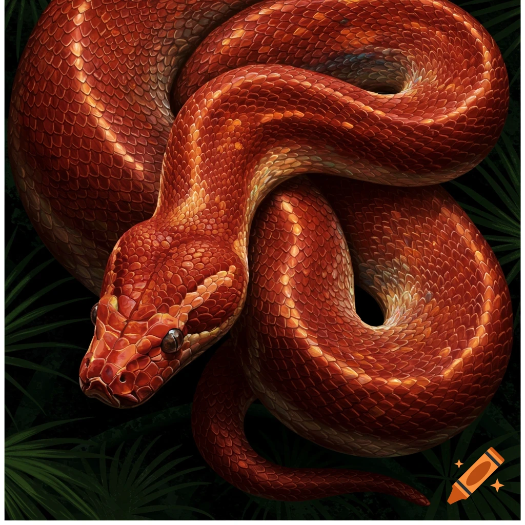A detailed illustration of a coiled red python against a dark, leafy background.