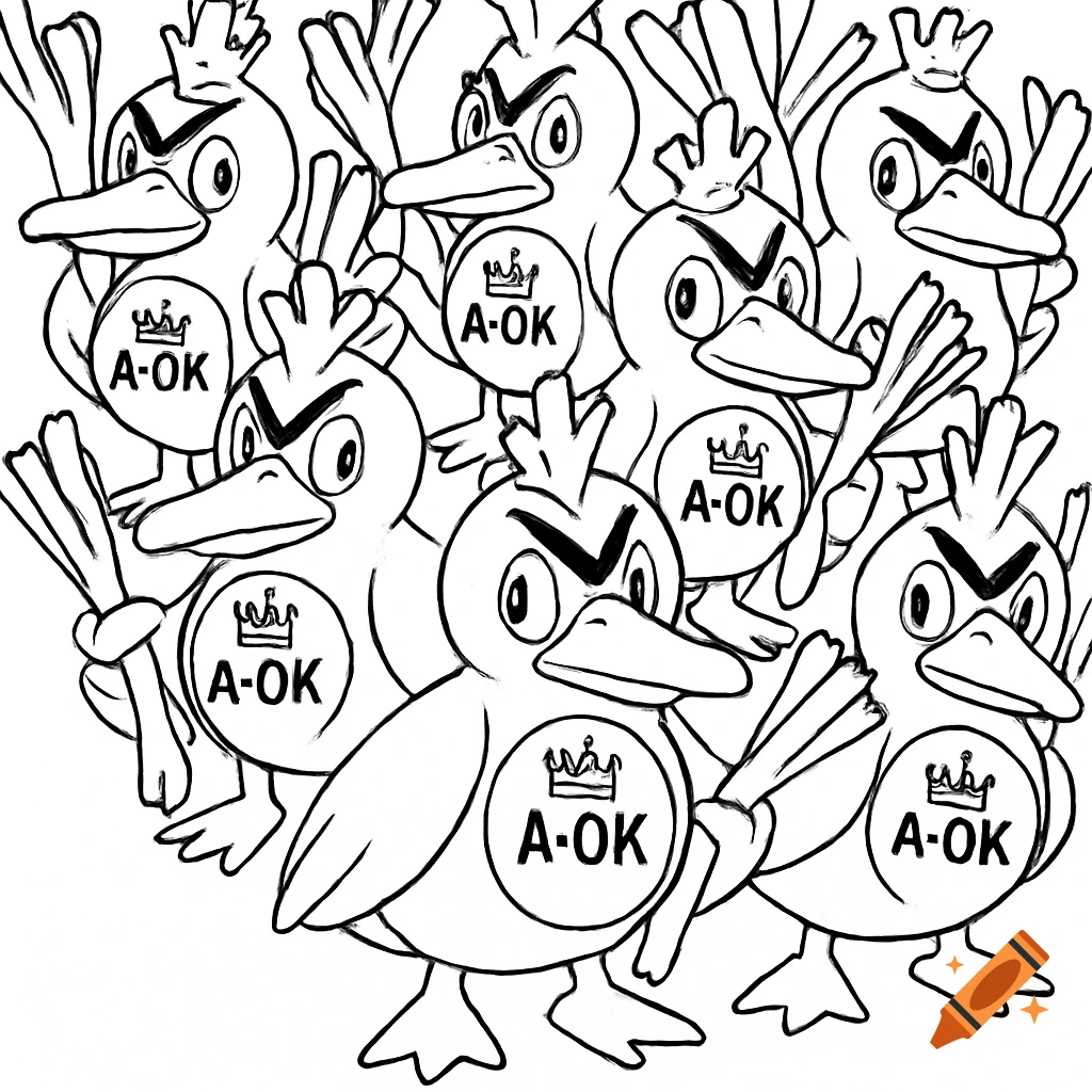 Black and white sketch of a flock of angry Farfetch'd with A-OK logos.