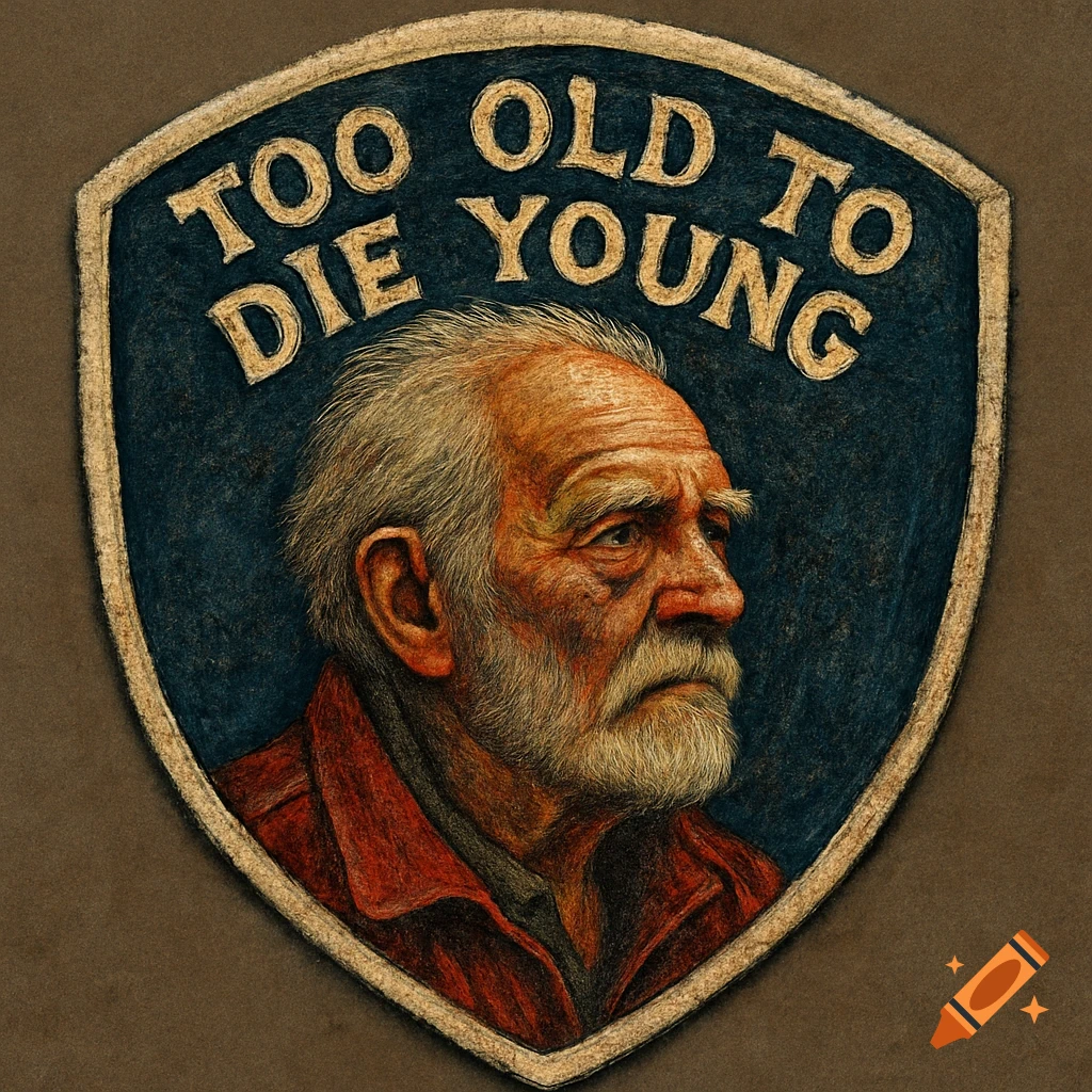 A textured patch design featuring a detailed portrait of an old man and the text "Too Old To Die Young".