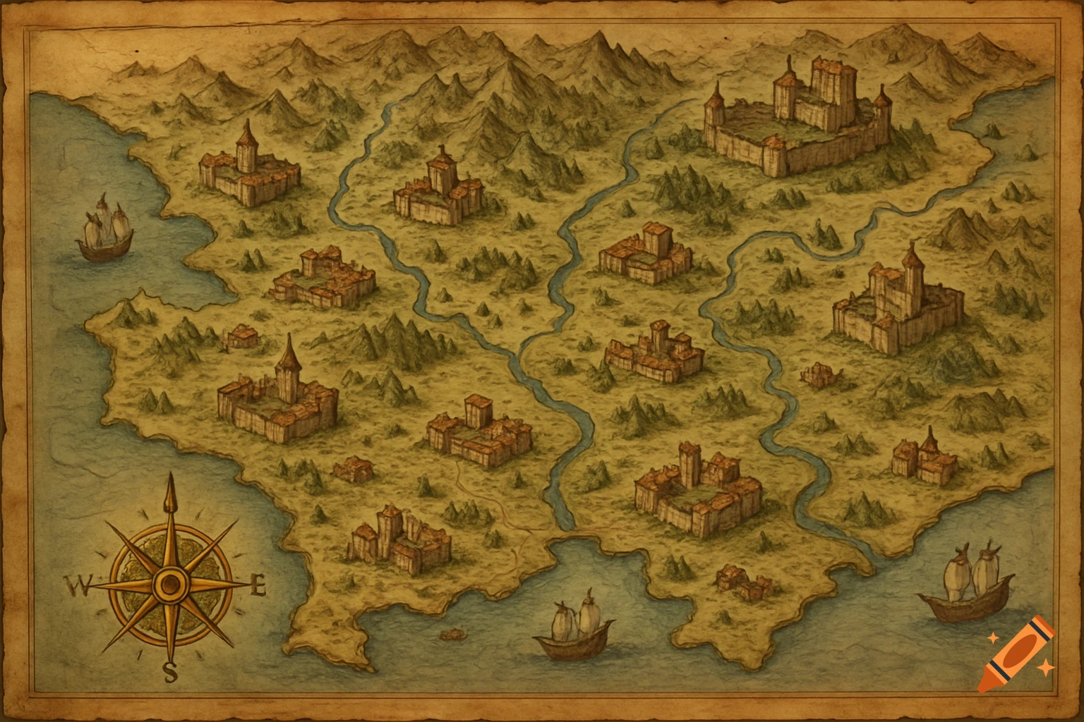 A medieval style fantasy map showing castles, rivers, mountains, and ships at sea, with a compass rose.