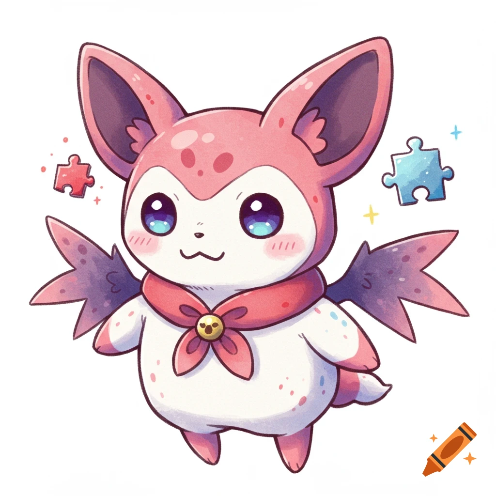 A cute pink and white bat-like mascot creature in a watercolor style, with puzzle pieces.