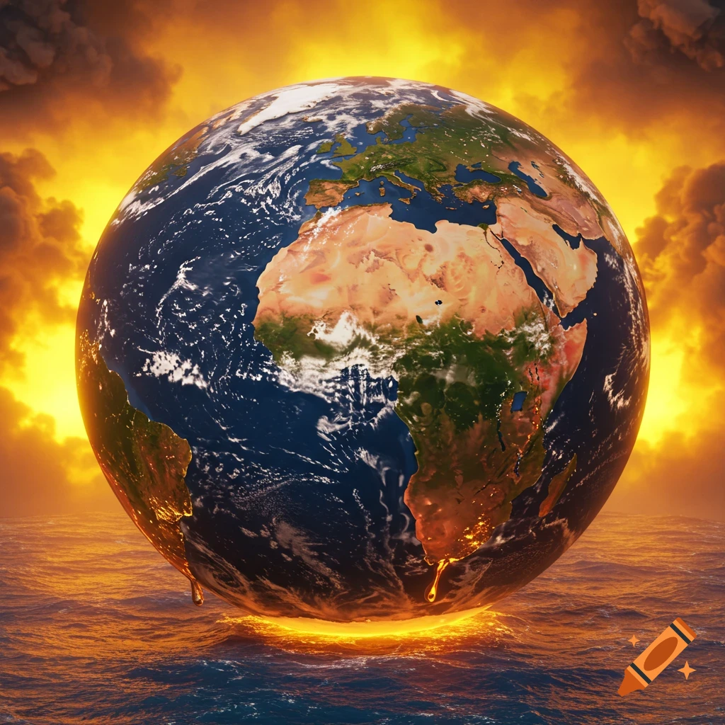 Earth melting into the ocean with a fiery sky.
