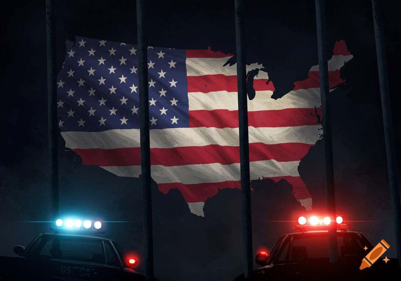 Illustration of the US map behind prison bars with police cars in the foreground.