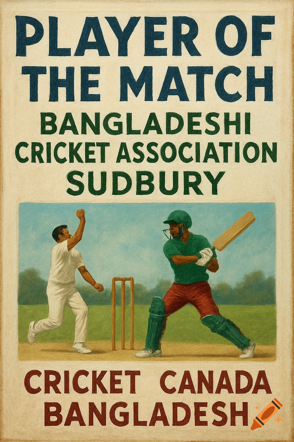 A painted style poster advertising \"Player of the Match\" for the Bangladeshi Cricket Association Sudbury, featuring a batsman and a bowler playing cricket.