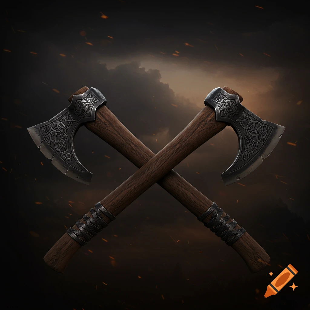 Two ornate Viking axes are crossed diagonally against a dark, dramatic sky with sparks.