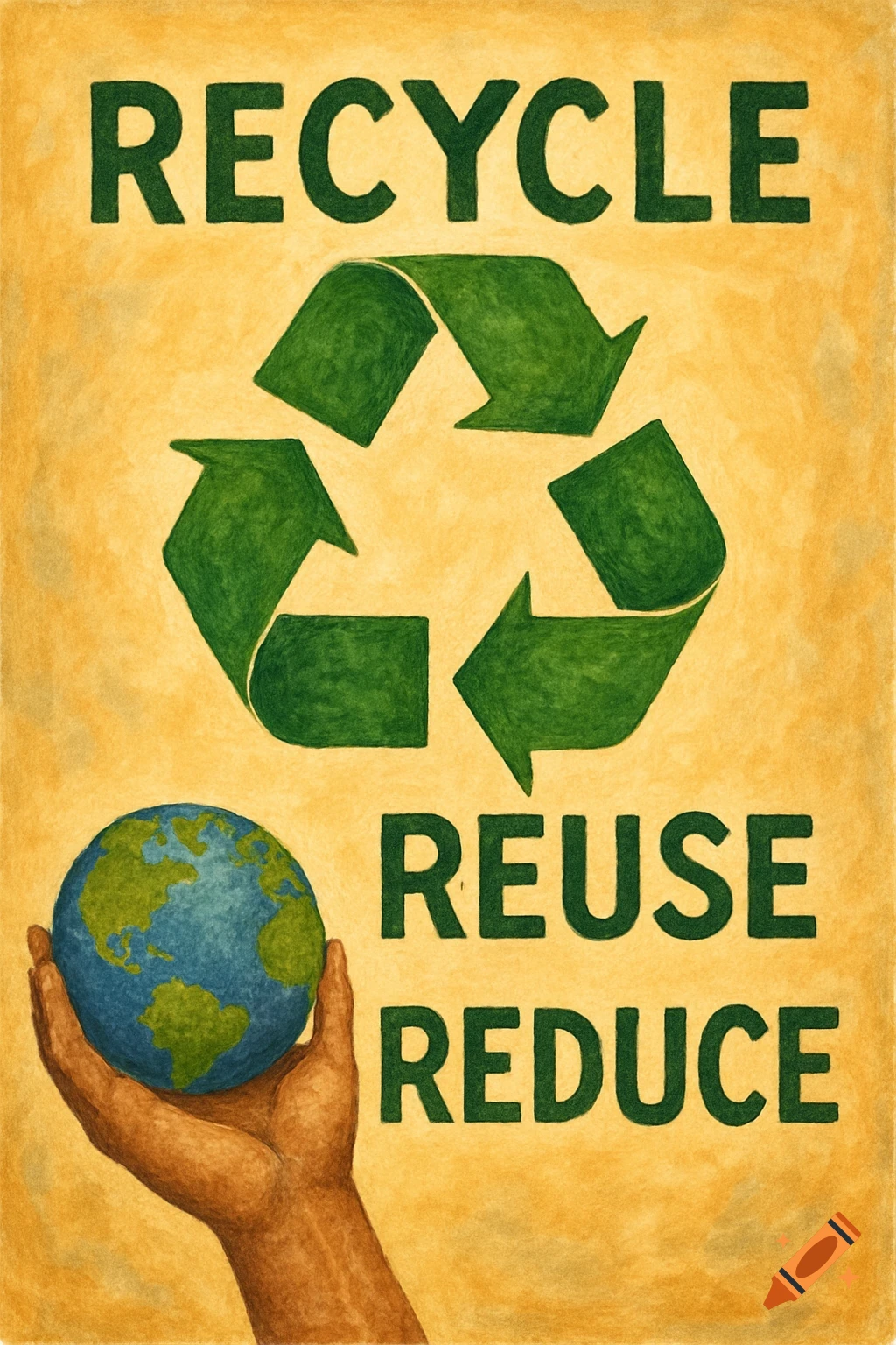 Illustration poster with text RECYCLE REUSE REDUCE, a hand holding a globe, and a recycling symbol.