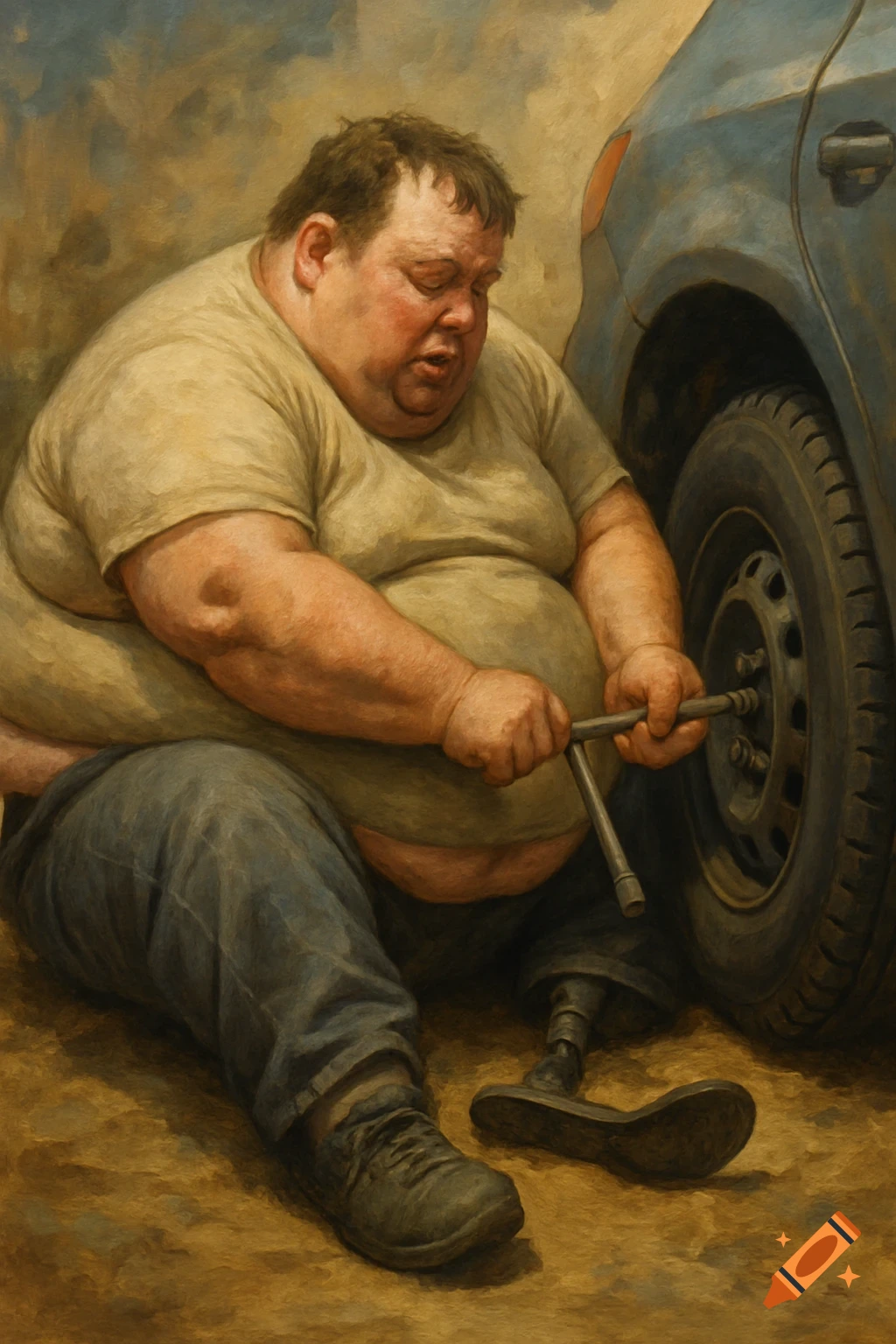 Painterly image of a man with a prosthetic leg changing a tire on a car.