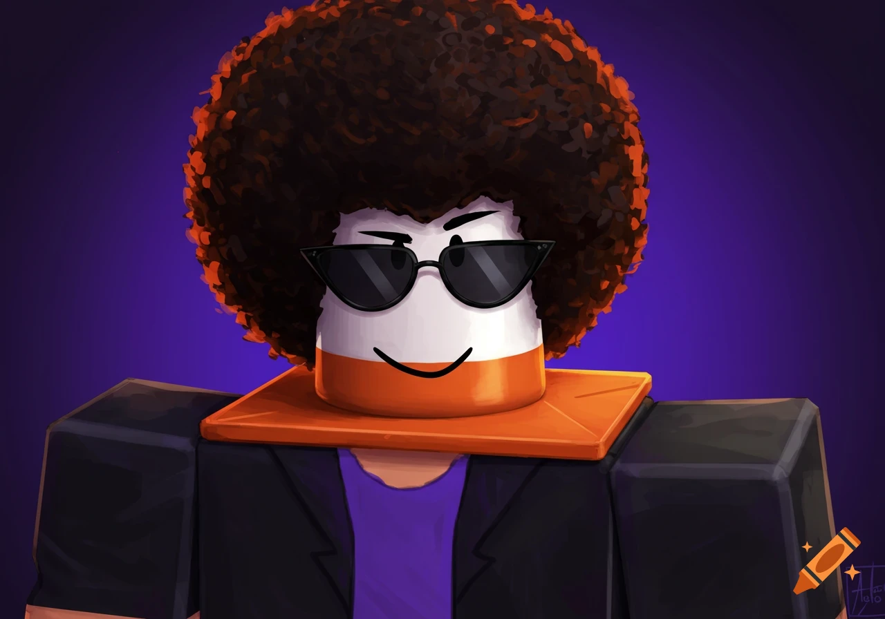A stylized Roblox avatar character with a traffic cone head, afro hair, sunglasses, purple shirt, and black jacket.