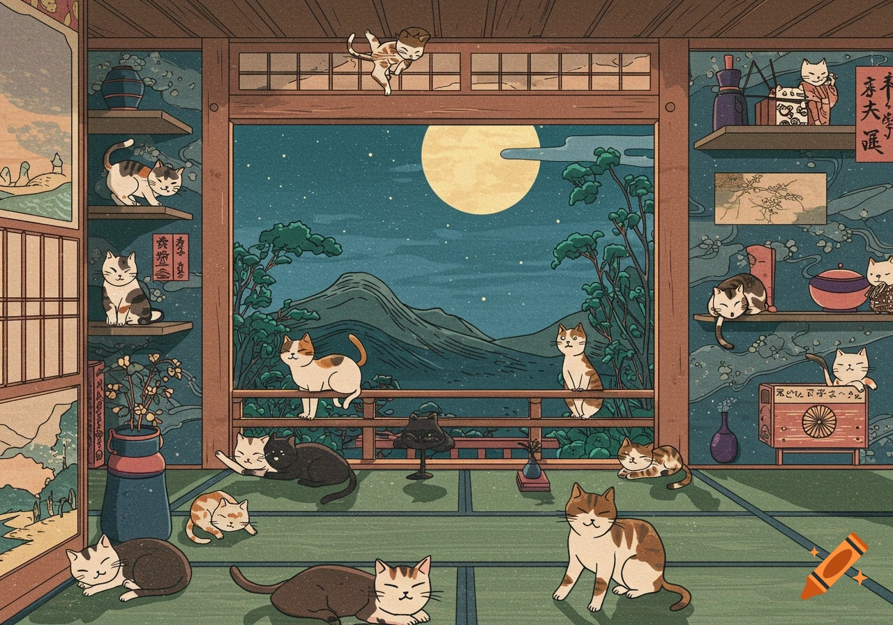 Ukiyo-e style illustration of many cats in a traditional Japanese room overlooking a moonlit landscape.