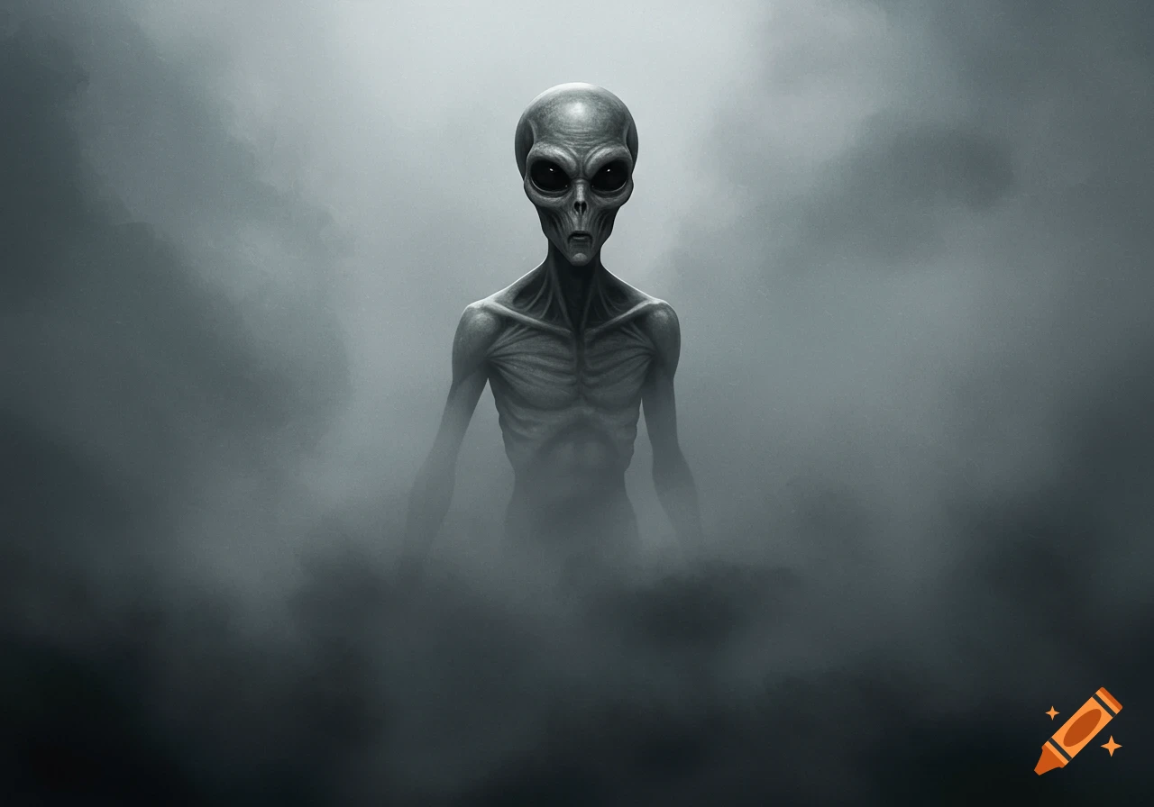 A grey alien emerges from dense fog