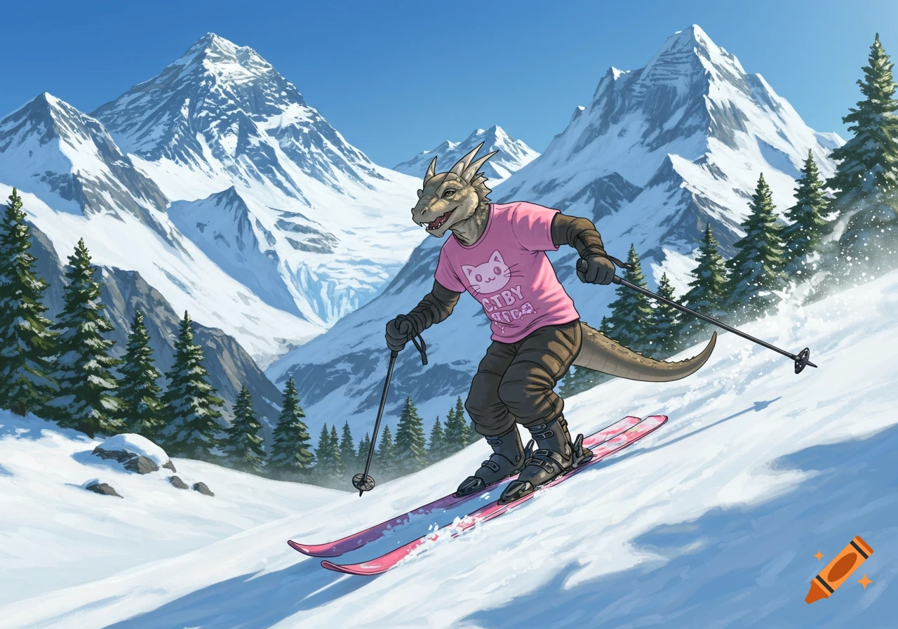 An anthro dragon character in a pink t-shirt skis down a snowy mountain.