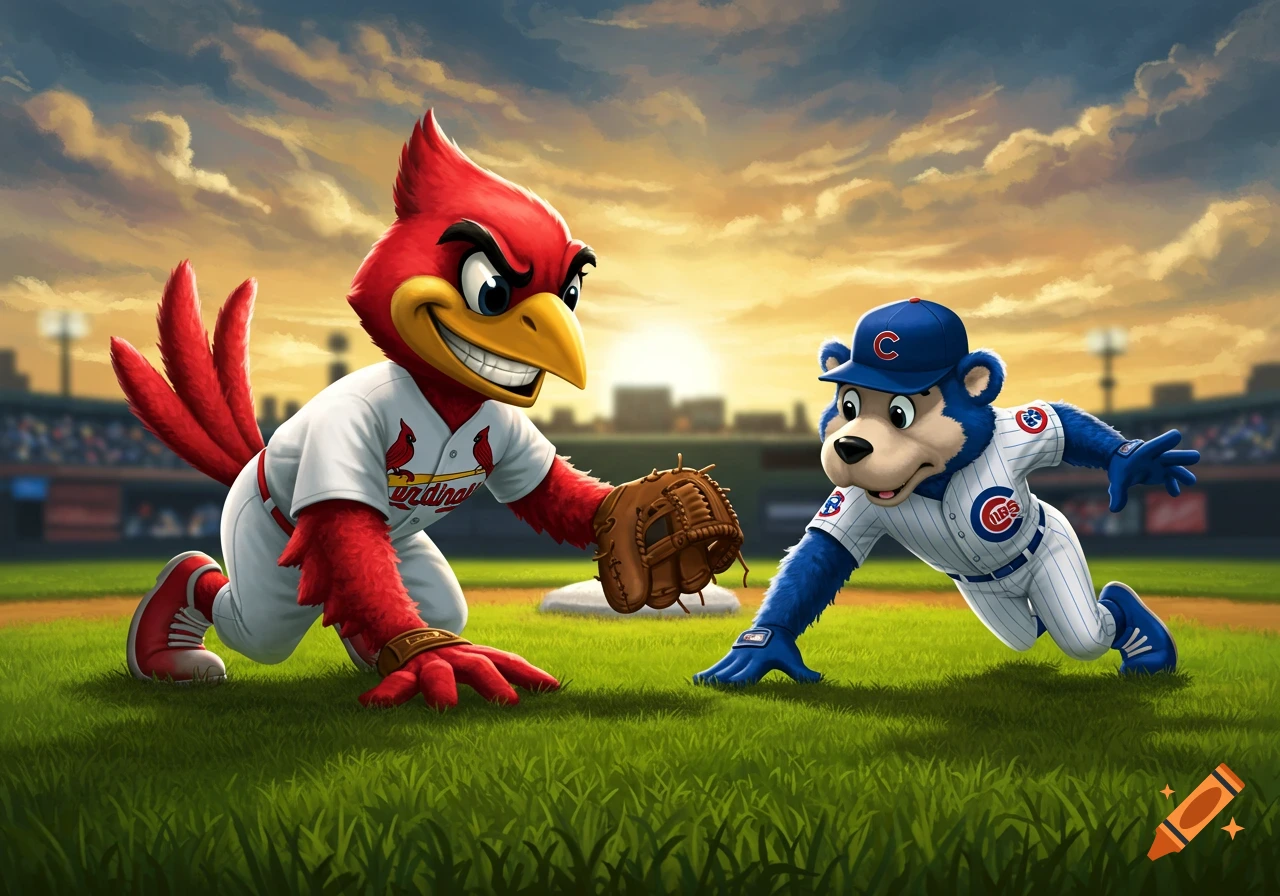 Cartoon cardinal mascot and bear mascot playing baseball in a stadium at sunset.