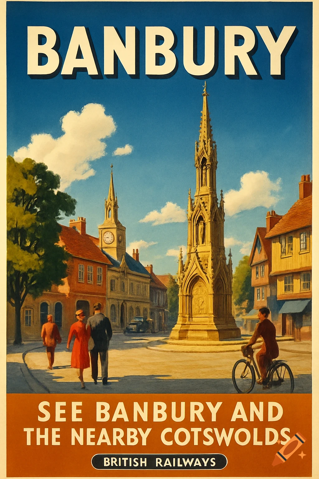 Vintage-style travel poster showing Banbury town square with buildings, monument, and people.