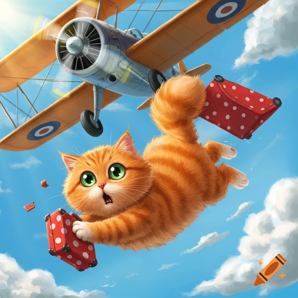 A cartoon ginger cat with wide green eyes falls from a biplane, clutching two red polka-dot suitcases.