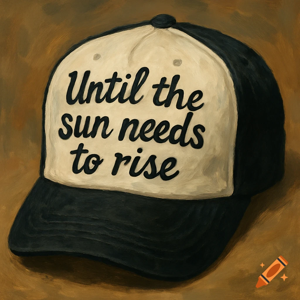 A black and white baseball hat with the text 'Until the sun needs to rise' in a painterly style.