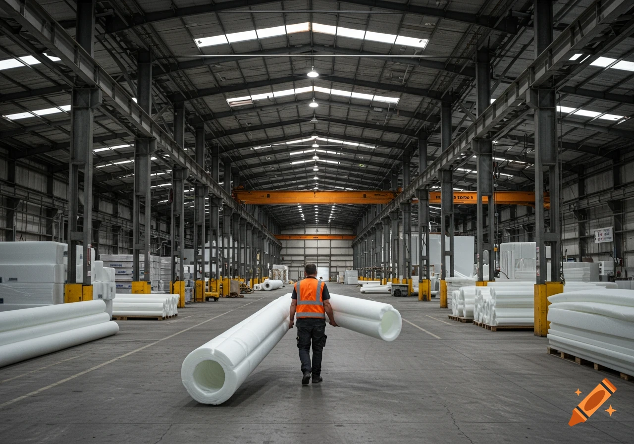 Worker carrying large white foam rolls in a spacious industrial warehouse.