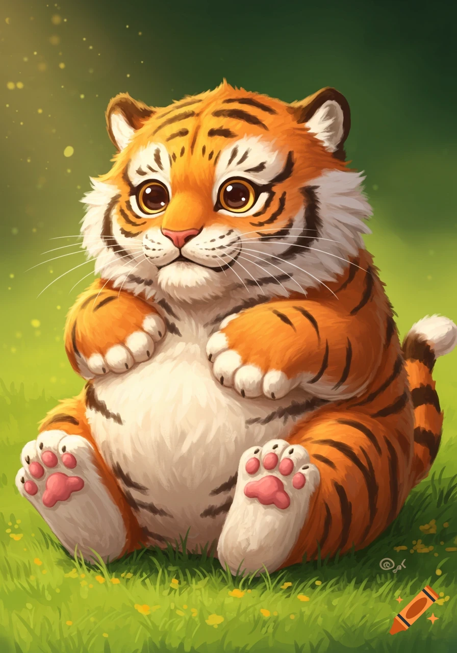 An illustration of a chubby, fluffy tiger cub sitting in grass.