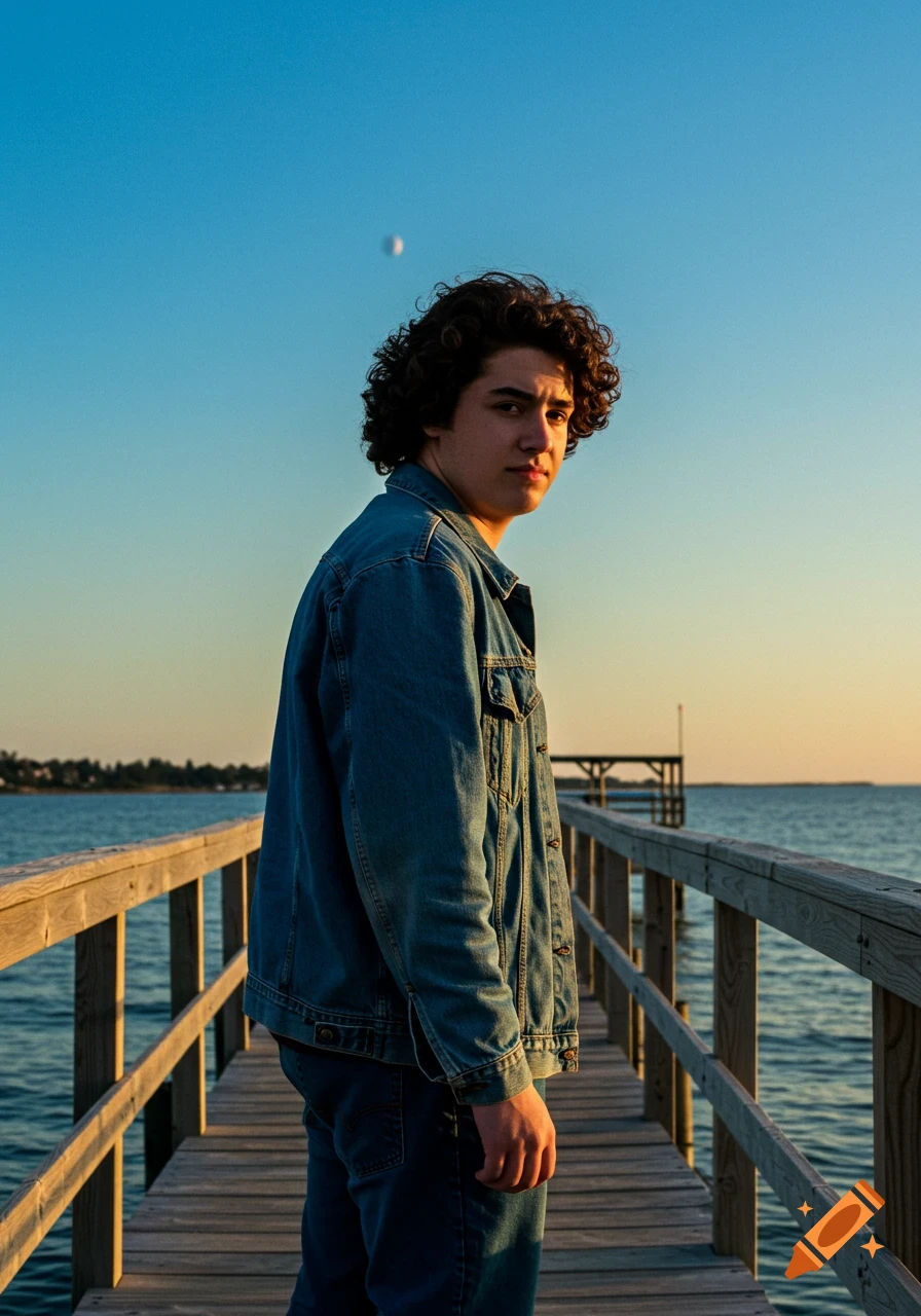 A young person with curly hair in a denim jacket stands on a pier looking back at the camera during sunset.