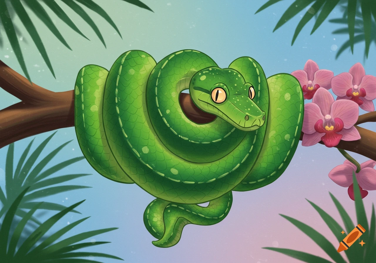 A green snake coiled around a branch with pink orchids, in a cartoon style.