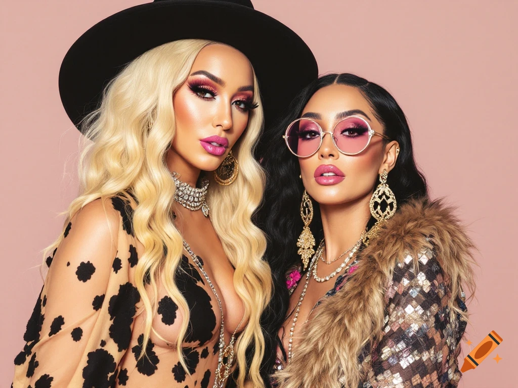 Two women in elaborate makeup and glamorous outfits, one in a black hat and sheer top, the other in pink sunglasses and a sequined jacket with fur.