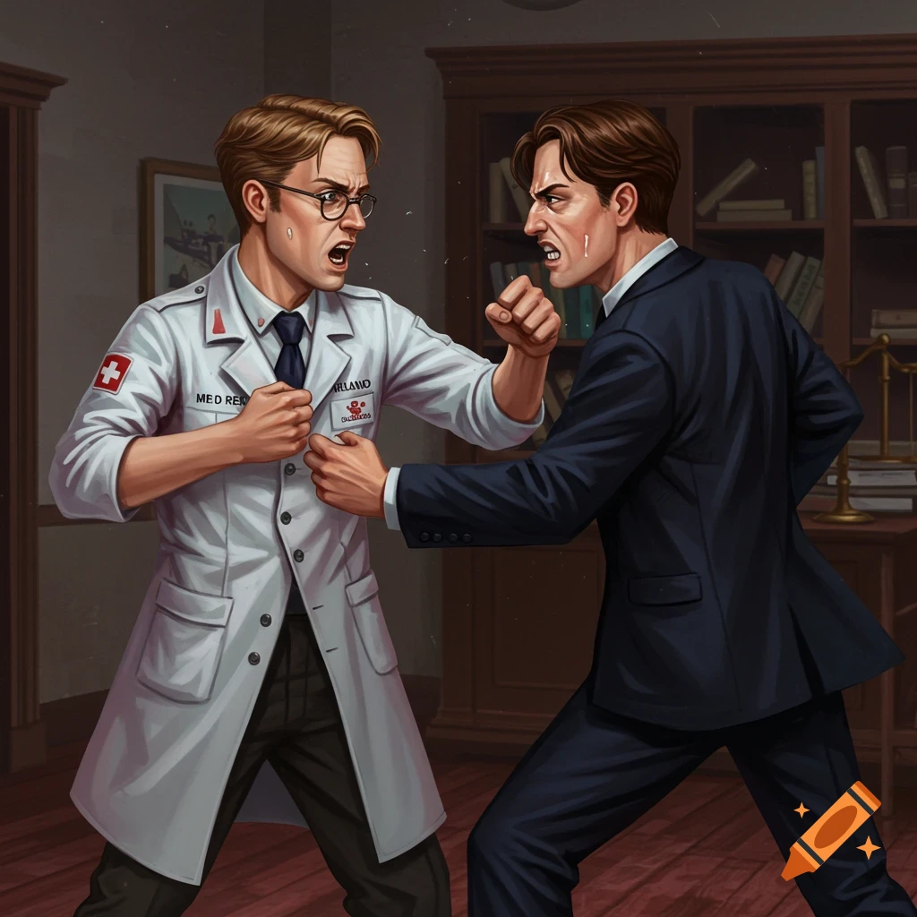 Digital illustration of a doctor and a lawyer fighting in an office.