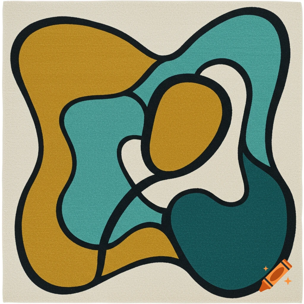 Abstract art rug design with wavy shapes in mustard yellow, teal, turquoise, and white, outlined in black, on an off-white background.