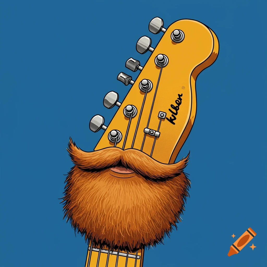 Illustration of a guitar headstock with a beard and mustache on a blue background.