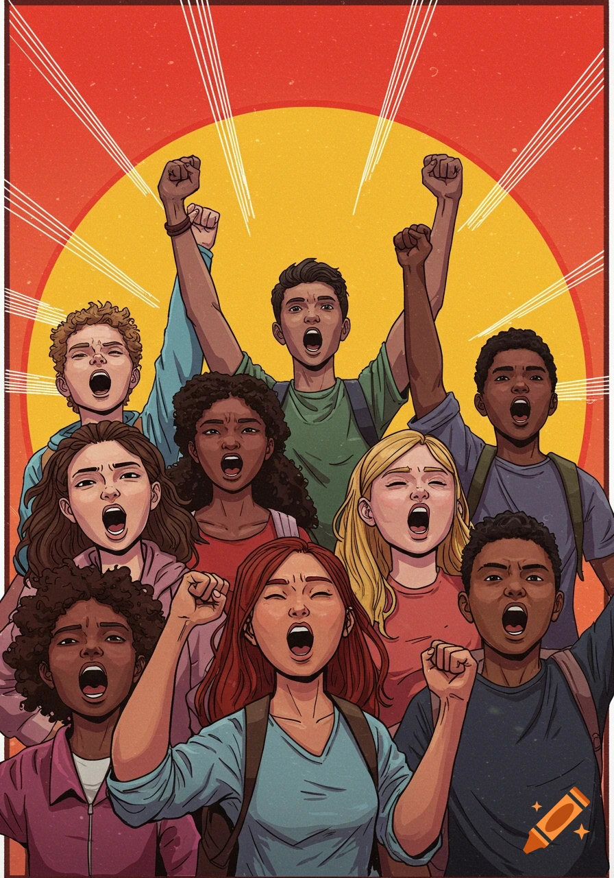 An illustration of a diverse group of young people raising their fists and shouting in front of a sunburst pattern.