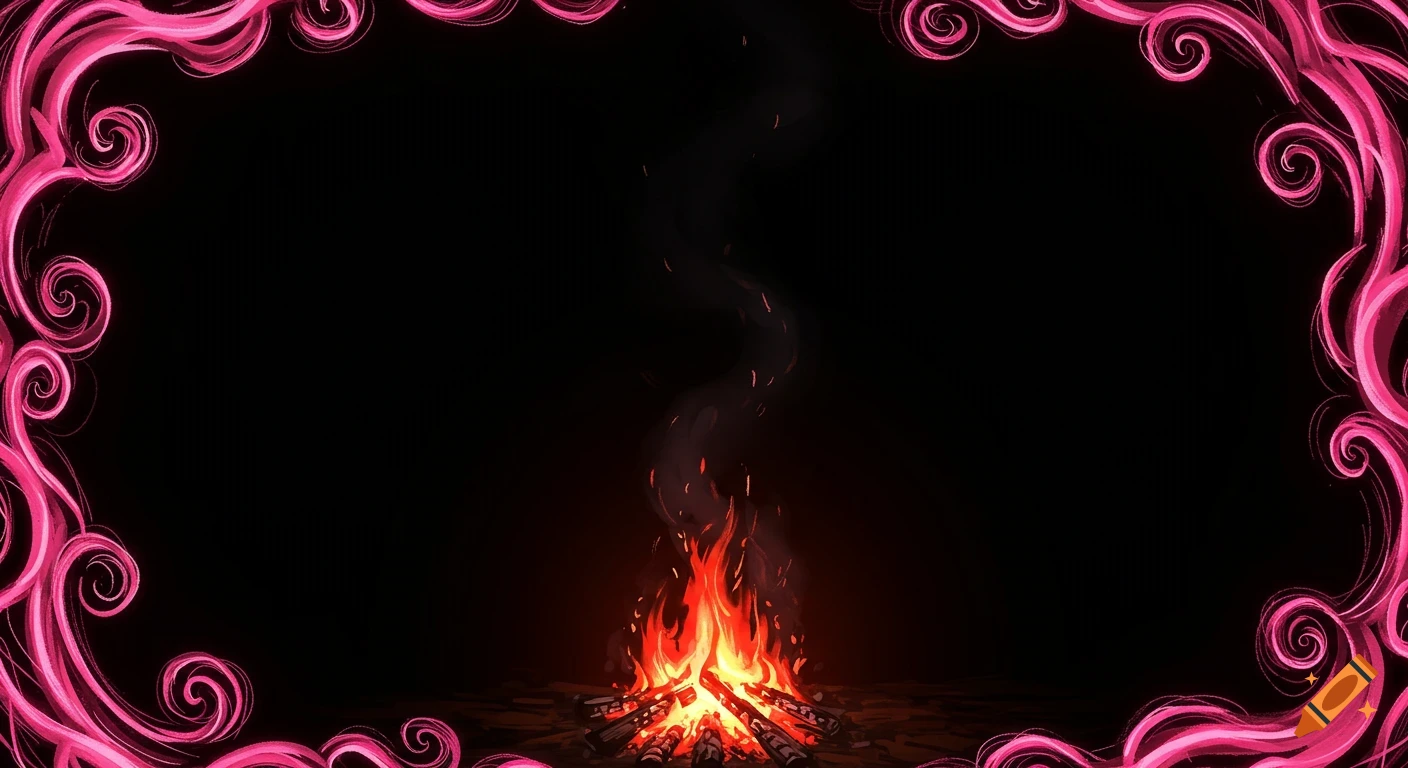 A campfire on a black background framed by pink swirls.