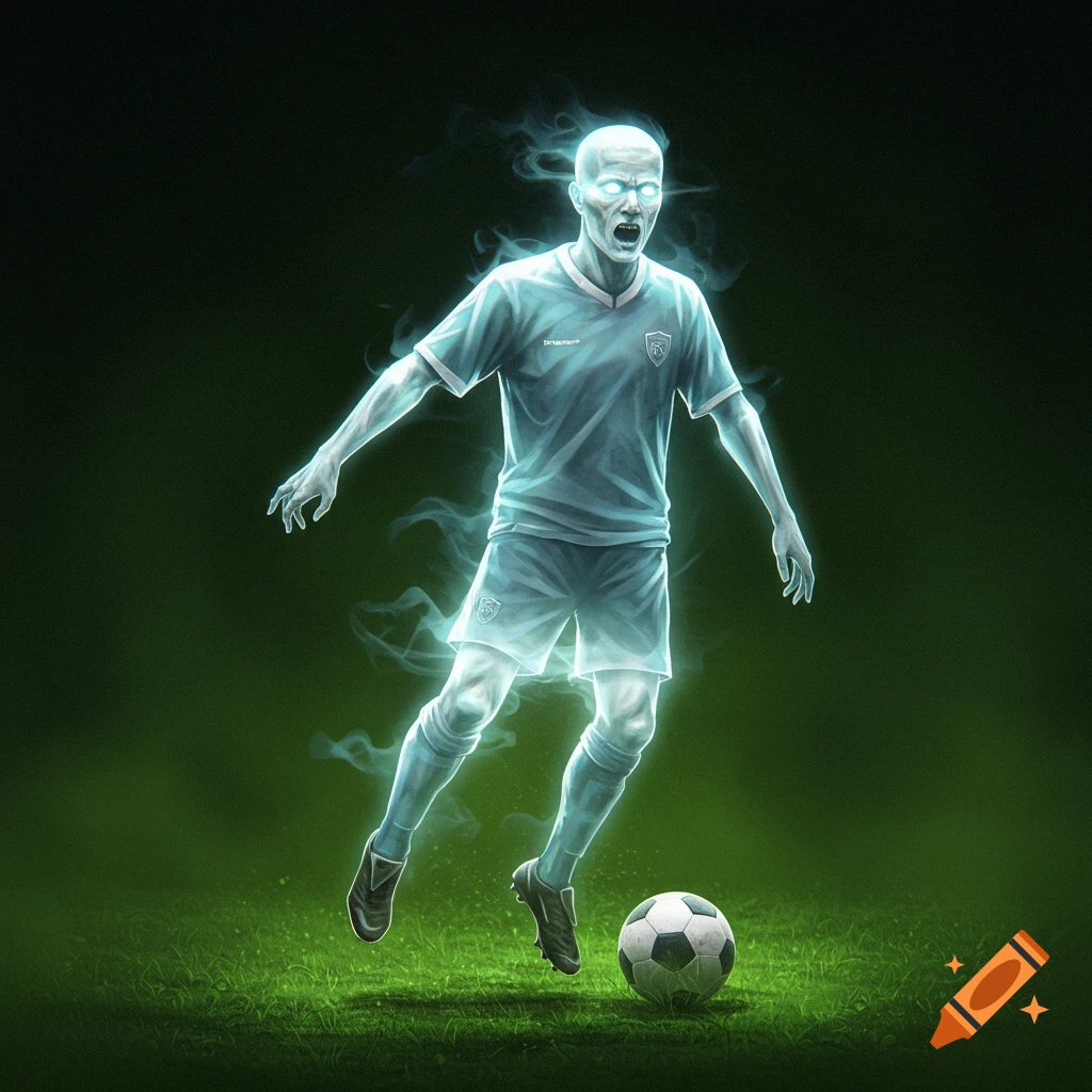 A ghostly figure in a soccer uniform dribbling a ball on a field.
