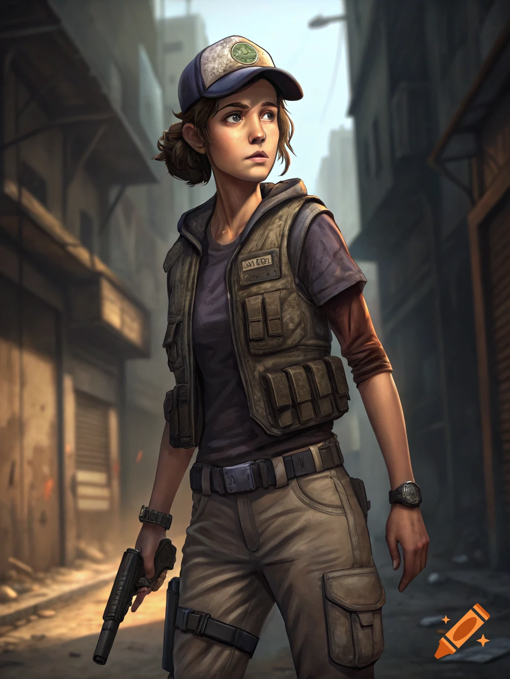 Young woman in survival gear holds a gun in a ruined city street.